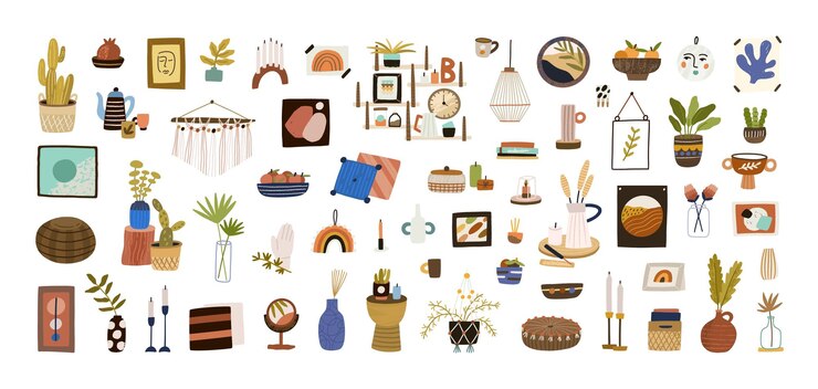 Vektor set of modern home decor for scandinavian interior design. house plants, candles, cushions, lamps, shelves, vases for cozy trendy room decoration. colored flat vector illustration isolated on white.