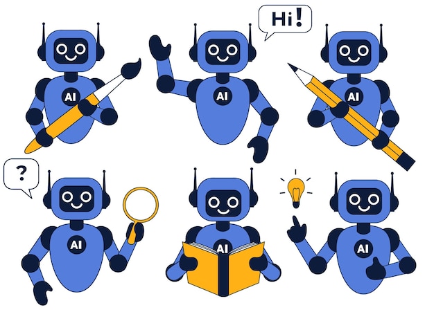 Set of modern illustrations of robot with artificial intelligence cute mascot in different poses