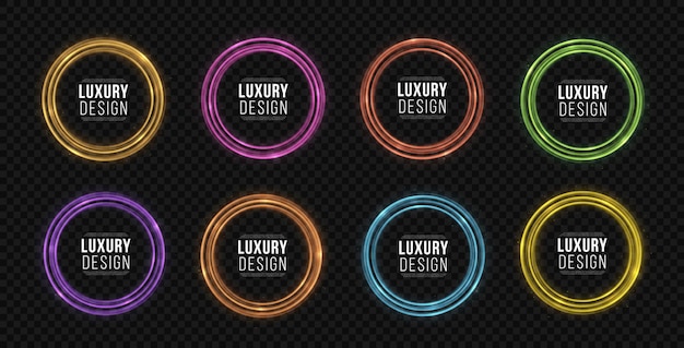 Set of neons circles on transparent backdrop Multicolored frames with glitter light effect