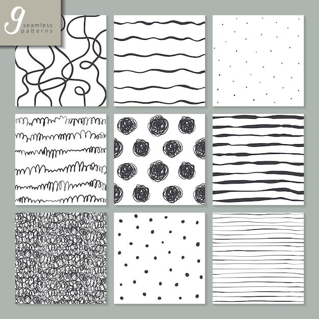Set of nine hand drawn seamless abstract patterns in black and white colors