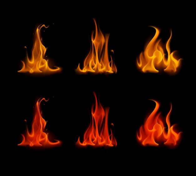 Set of Orange Red Fire Flame Bonfire on Background