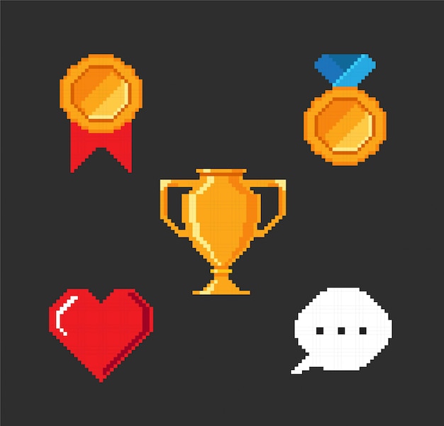 Set of pixel video game objects.