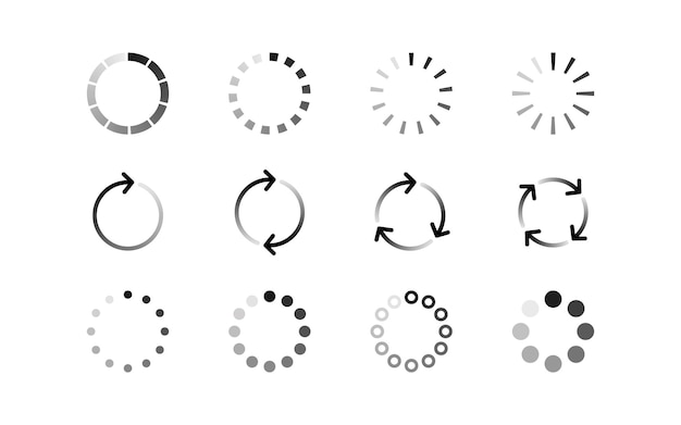Set of progress and loading icons with round arrow and dots Uploading or downloading status Vector