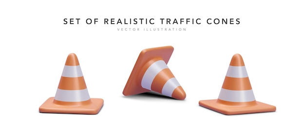 set of realistic traffic cones isolated on white background vector illustration