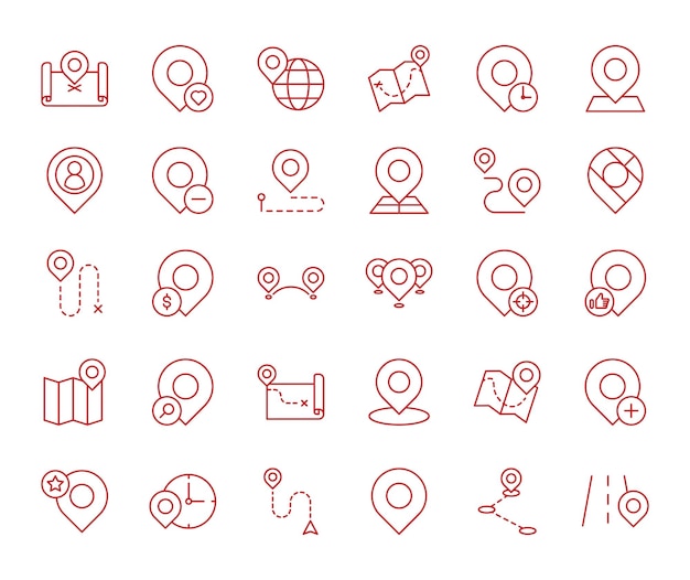 set of red thin line pin related icons map location address gps route and destination editable stroke vector illustration colored icons