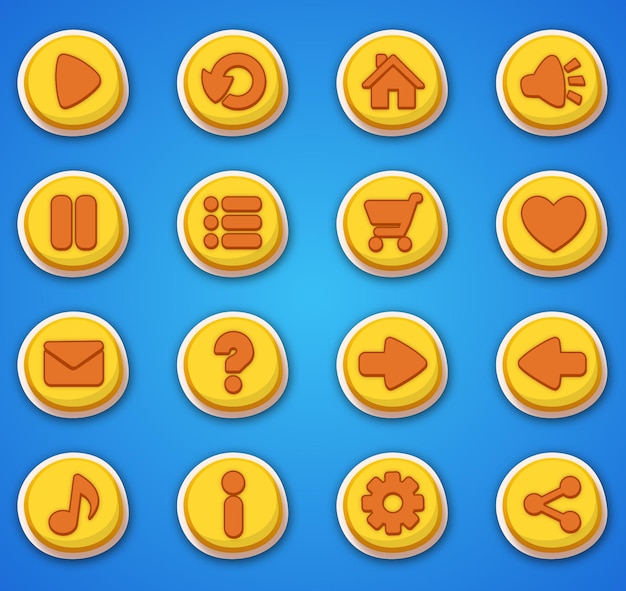 set of round buttons in cartoon style with 3d effect. gui design to build games. game ui button kit.