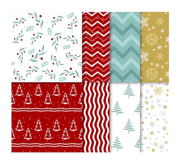 set of seamless bright christmas patterns with snow and christmas trees in flat cartoon style.