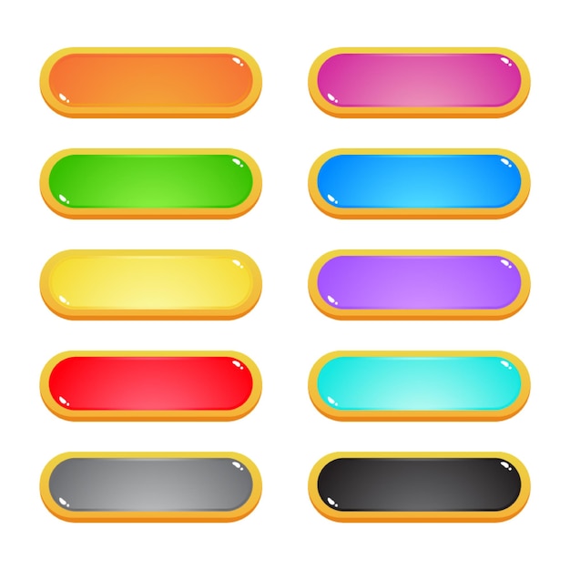 set of shiny game buttons with gold and color frames
