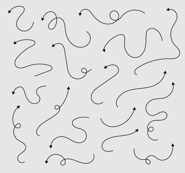 Set of simple lines hand drawn black arrows in various style Vector element