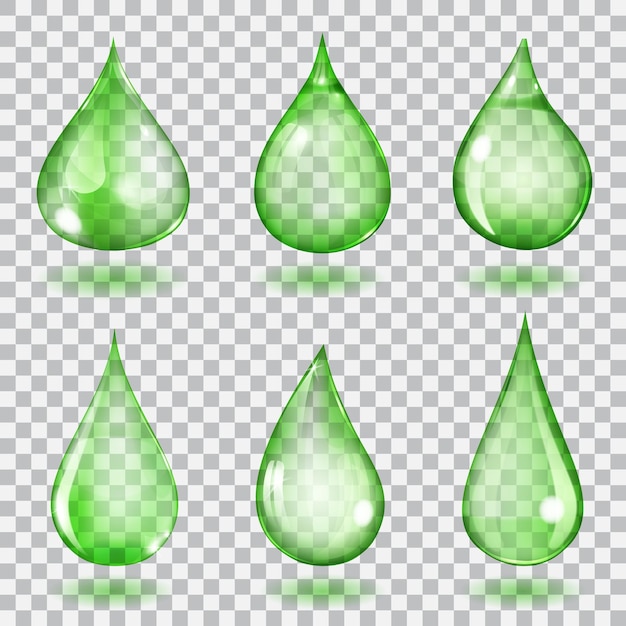 Set of six transparent drops of different forms in green colors