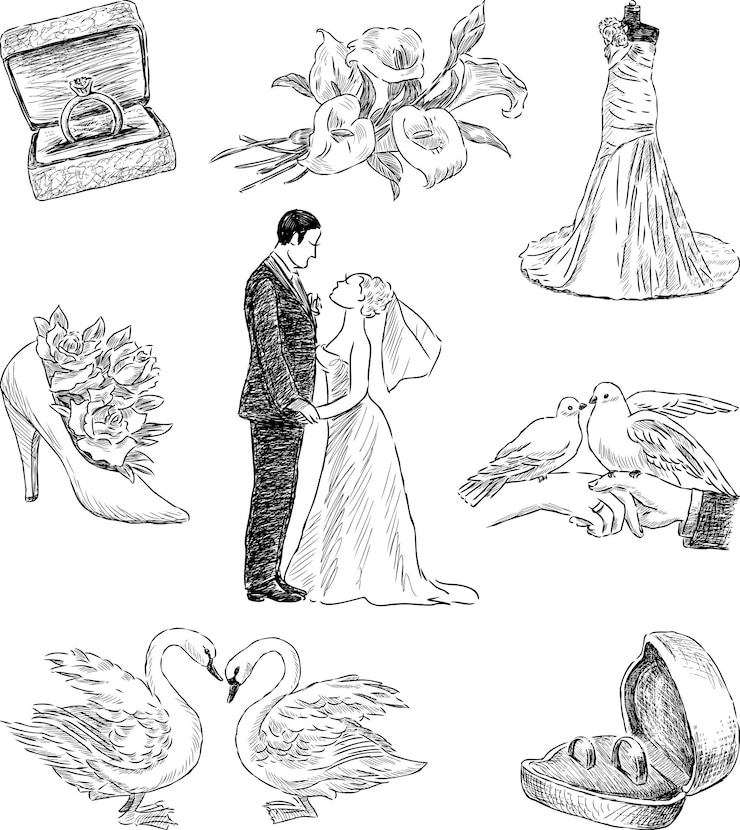 Vektor set of sketches various wedding symbols