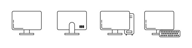 Set of solid black icons showing monitors desktop computers and keyboards ideal for tech hardware
