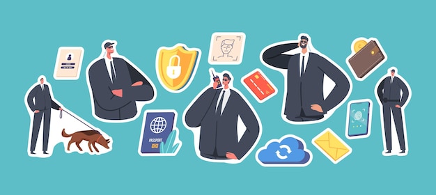 set of stickers mobile data protection privacy in internet safeguards characters with shepherd dog smartphone