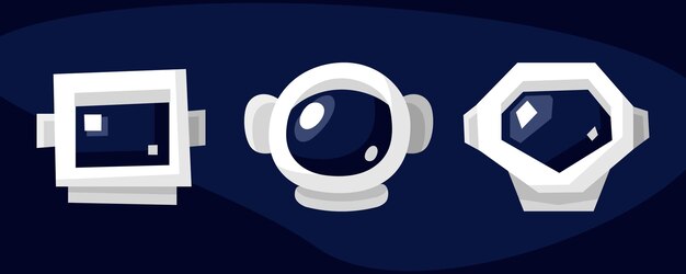 Set of stylized spacesuit helmets square round and hexagon Visor Colored Vector illustration