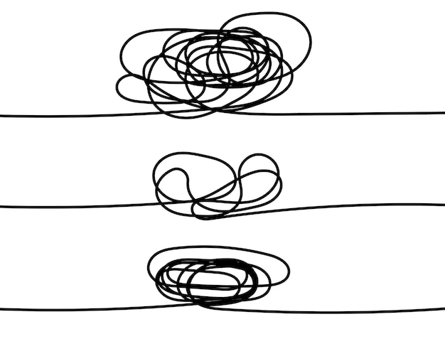 Set of symbol of complicated way with scribbled round element chaos sign pass the way linear arrow with clew or tangle ball in center Vector illustration Isolated on white background