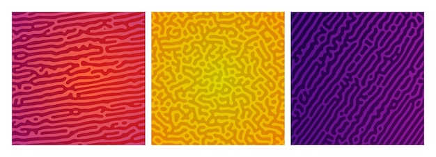 Set of three colorful turing reaction gradient backgrounds Abstract diffusion pattern with chaotic shapes Vector illustration
