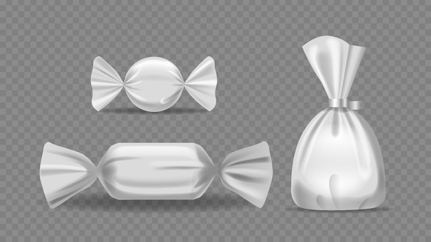 Set Of Three Empty Candy Packaging On Transparent Background Realistic 3d Vector Mockup