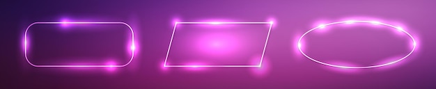 set of three neon frames with shining effects on dark purple background
