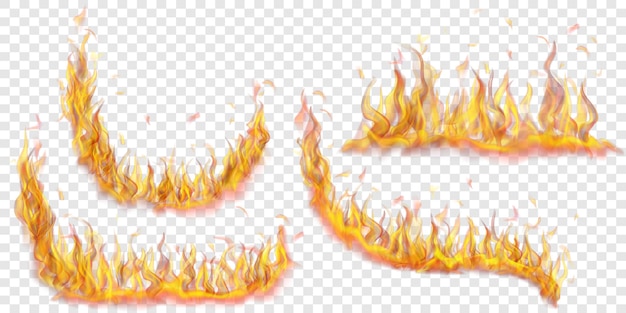 set of translucent fire flames of various shapes on transparent background. for used on light illustrations. transparency only in vector format