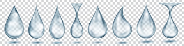 Set of translucent water drops in gray colors in various shapes isolated on transparent background