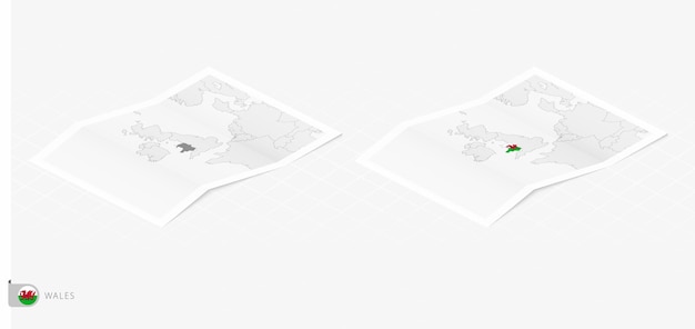 Set of two realistic map of Wales with shadow The flag and map of Wales in isometric style