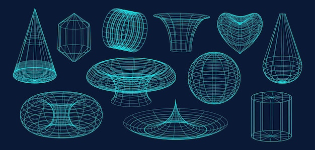 Set of vector 3d geometric wireframes shapes distortion and transformation of figure in neon mint