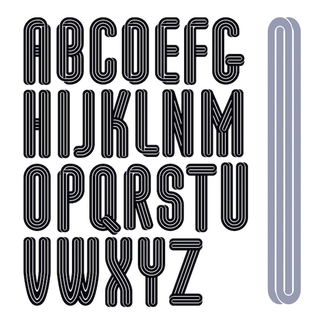 set of vector capital tall funky alphabet letters isolated with parallel lines, can be used for logo creation in entertainment business.