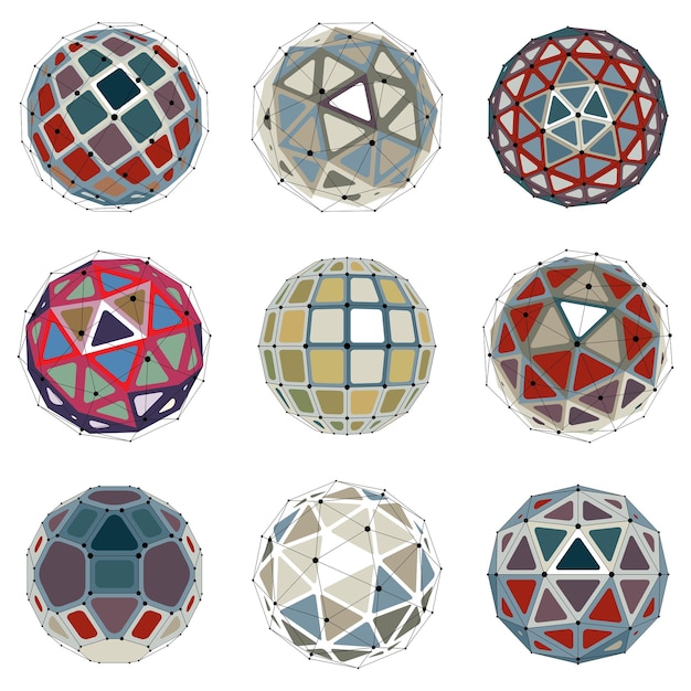 set of vector low poly spherical objects with connected lines and dots, 3d geometric wireframe shapes. perspective trigonometry facet orbs created with triangles, squares and pentagons.