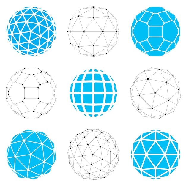 set of vector low poly spherical objects with connected lines and dots, 3d geometric wireframe shapes. perspective trigonometry facet orbs created with triangles, squares and pentagons.