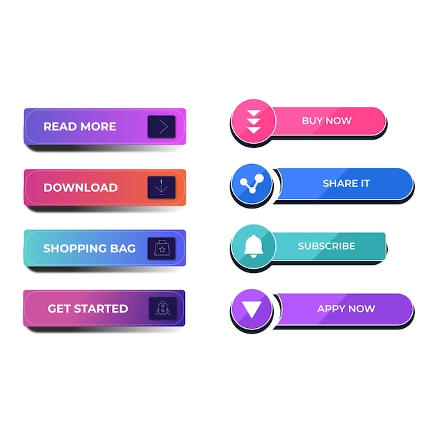 set of vector modern trendy flat buttons different colors of main shapes and icons with black outli