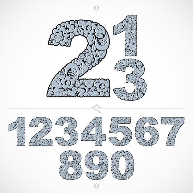 set of vector ornate numbers, flower-patterned numeration. blue characters created using herbal texture.