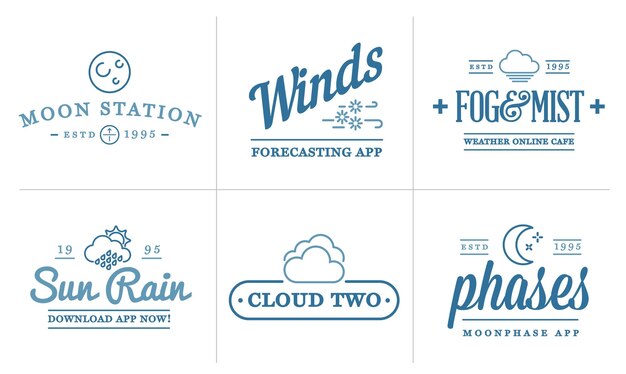 set of vector weather icons and logotypes of business forecasting apps and channels