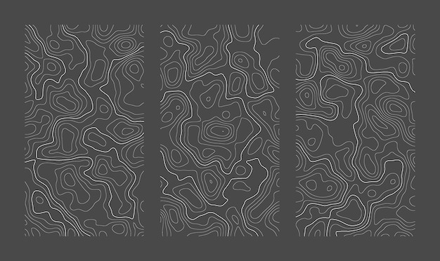 Set of vertical topographic map patterns isolated on dark background Line contour geographic abstract grid Editable stroke Topographic relief Subtle white vector background Map with elevation