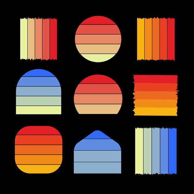 Set of vintage retro sunset illustrations vector background, 70s 80s Old Color, elements t-shirt