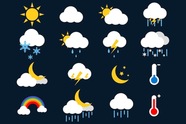 Set of weather icons Vector illustration of flat color weather icons Website or mobile app ui icon set for weather forecast Weather Icons for print web or mobile app