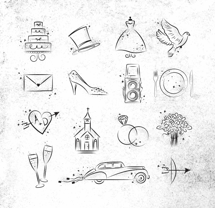 Vektor set of wedding icons theme drawing with black ink on dirty paper