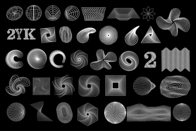 Set of white outline abstract y2k geometric wireframe elements shapes Retro elements