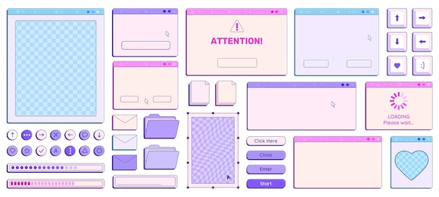 set of y2k empty retro computer windows buttons messages and other interface elements templates