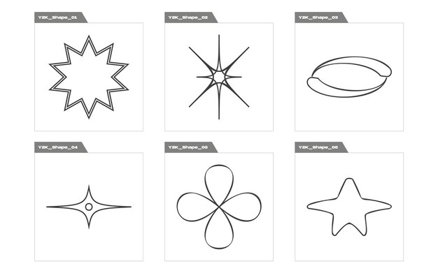 Set of Y2K style vectors of objects Brutalism star and flower shapes Elements for graphic decoration