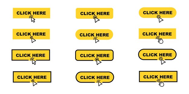 set of yellow click here vector buttons on white background. buttons with cursor and pointer.