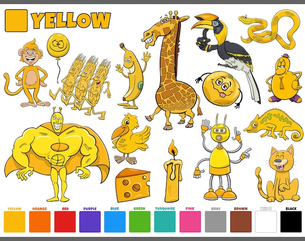 set with cartoon characters and animals or objects in yellow