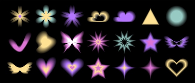 set y2k aura blurred heart butterfly and stars with aura in trendy style y2k
