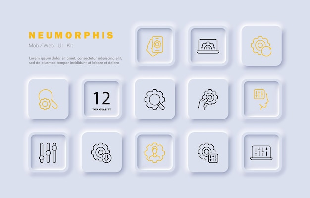 Setting line icon Gear setup worker learning pump your brain mechanism configuration slider magnifier directory association Infographic concept Neomorphism style Vector line icon