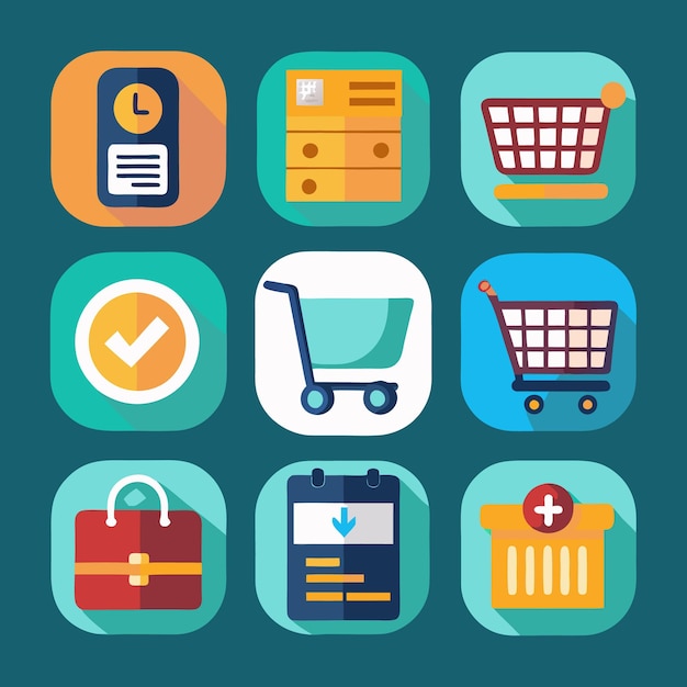 Shopping Cart Icons Set with Long Shadows Colorful Design for Mobile Apps