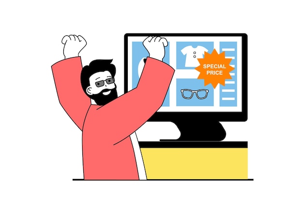 Shopping concept with people scene in flat web design Man ordering new goods at online store and getting special price offer as gift Vector illustration for social media banner marketing material