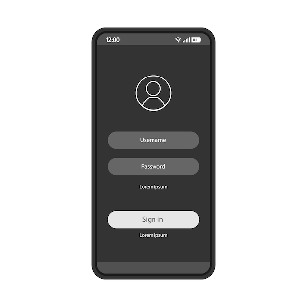 Sign in smartphone page vector template Mobile app interface black design layout Login sign up screen Flat UI Application registration authorization Phone display with password and username