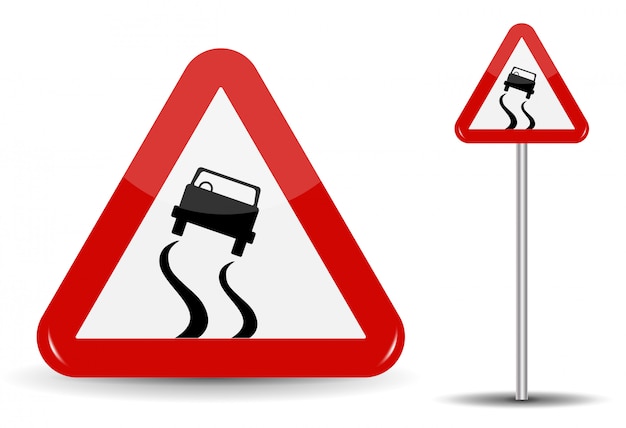 Sign Warning Slippery road. In Red Triangle is a sketchy machine that skidded.   Illustration.