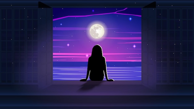Silhouette girl watching the sea. Vector Illustration