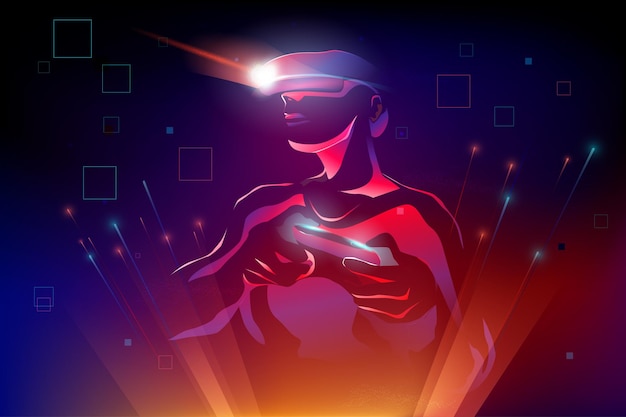 silhouette man wearing virtual reality device vr playing game vector illustration