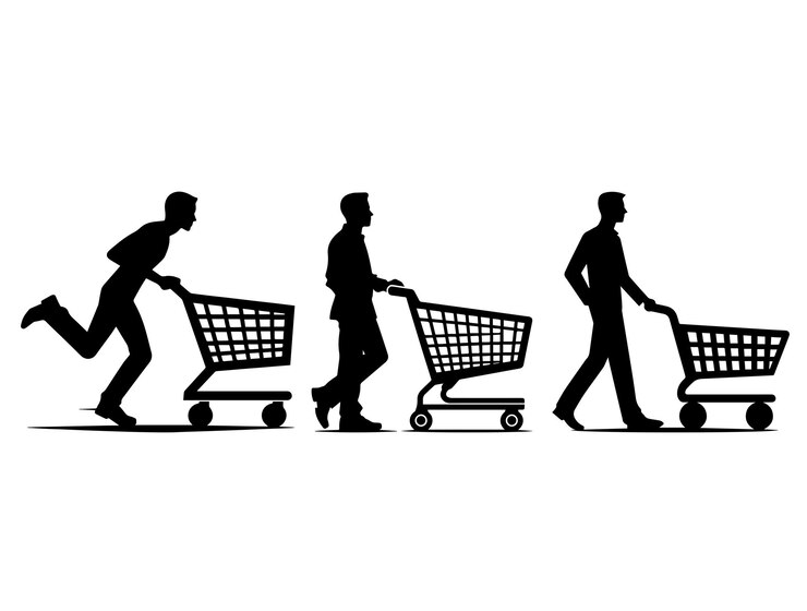 silhouette of a person walking with a shopping cart symbolizing daily life collection vector